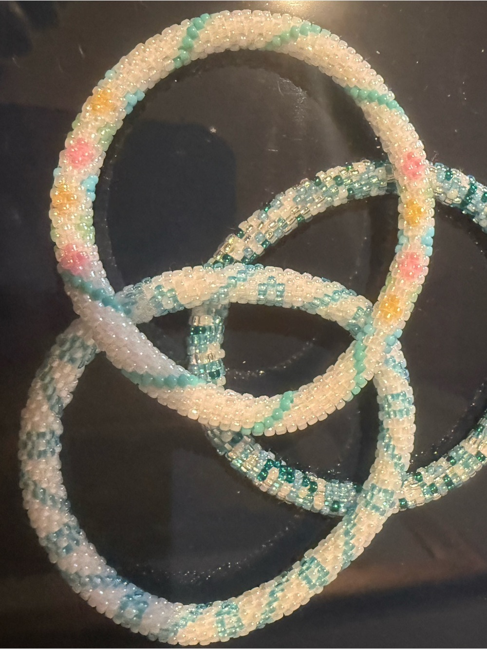 Sashka Roll-on Bracelet Pastel Seed Bead Set in White, Teal & Pink